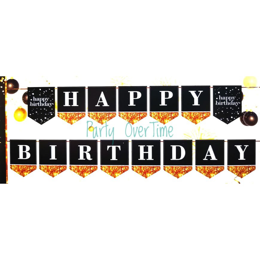 Black with Gold accent Happy Birthday Banner Banderitas Flag Party ...