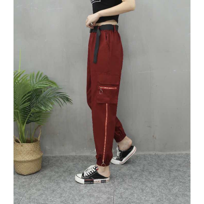 red high waisted cargo pants
