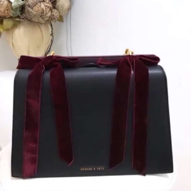 charles and keith velvet bow detail handbag