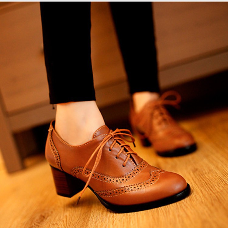 ✜Anna Beauty Women's Pump Shallow Brogue Shoe Vintage Chunky Heel Cut Out  Oxford Shoes Woman Lace Up | Shopee Philippines