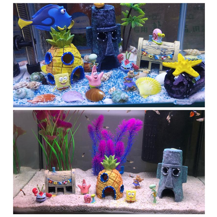 6pcs/Set PVC Cute Cartoon Spongebob Figure Aquarium Ornament Home Fish