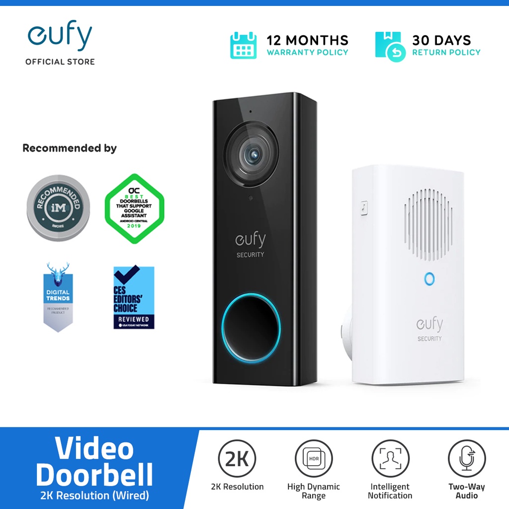 eufy by Anker Wired Video Doorbell, Smart Doorbell, 2 Way Audio, Free Wireless Electronic Chime