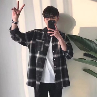 【5 Color】S-3XL Men's Long sleeve collared shirt casual stripe plaid shirts Korean Fashion style loose Checkered jacket #6