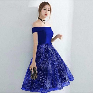 blue off the shoulder cocktail dress
