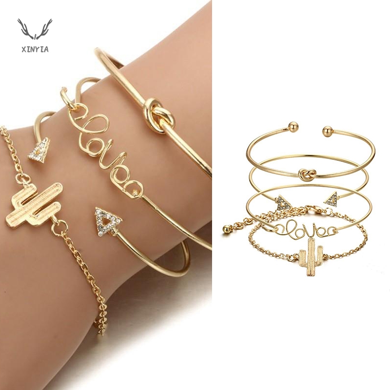4Pcs/Set Womens Gold Triangle Knot Love Cactus Bangle Chain Bracelet Jewelry 
