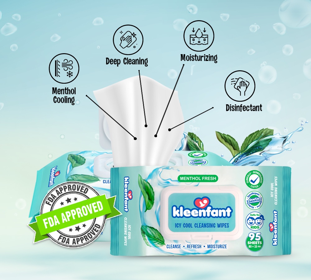 Kleenfant Menthol Fresh Icy Cool Cleansing Wet Wipes for face and Body