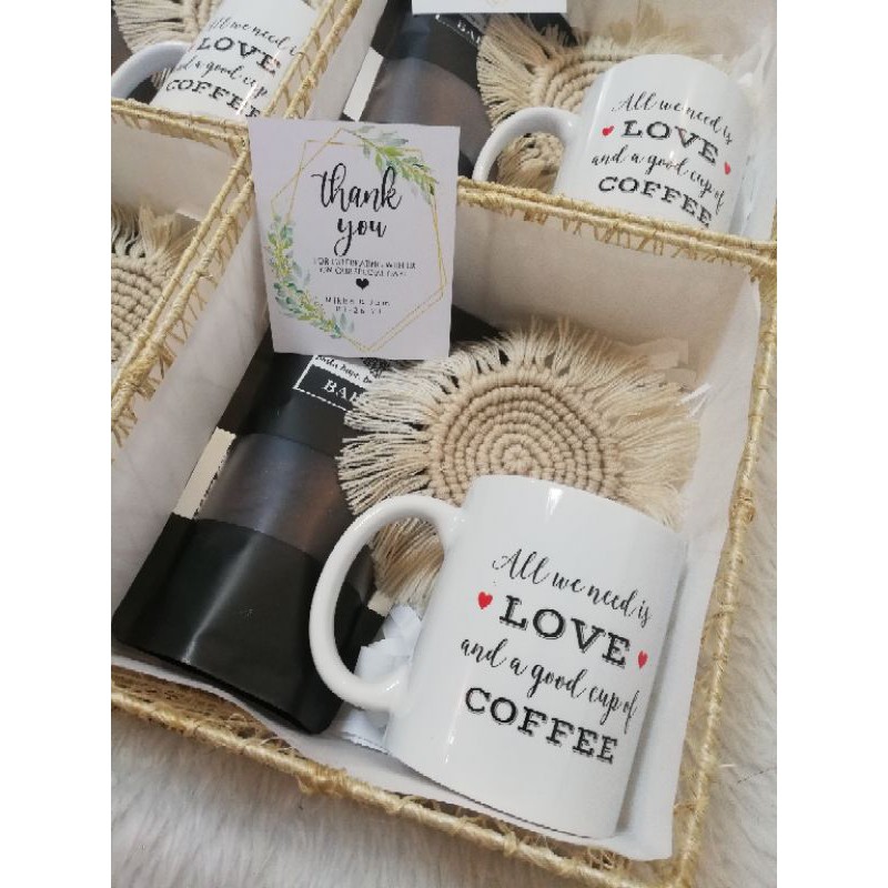 Personalized White Mug, Coaster, Coffee Gift Set (Abaca