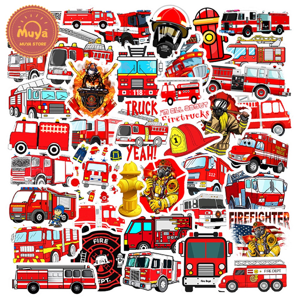 MUYA 50pcs Fire Truck Stickers Waterproof Fire Engine Vinyl Stickers ...