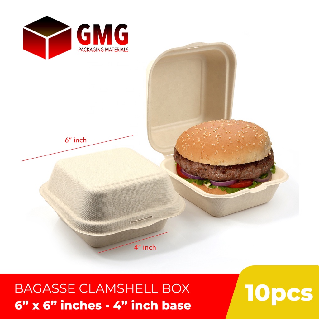 GMG Biodegradable Sugarcane Bagasse Clamshell Burger Bento Box 6 x 6 ...