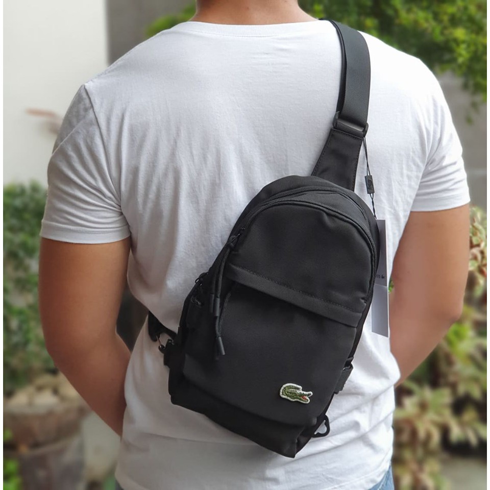 lacoste black leather backpack