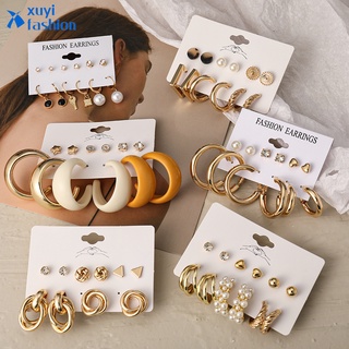 Geometric Vintage Gold Drop Earrings Set for Women Acrylic Fashion Dangle Pearl Earrings Jewelry Set Accessories Gift