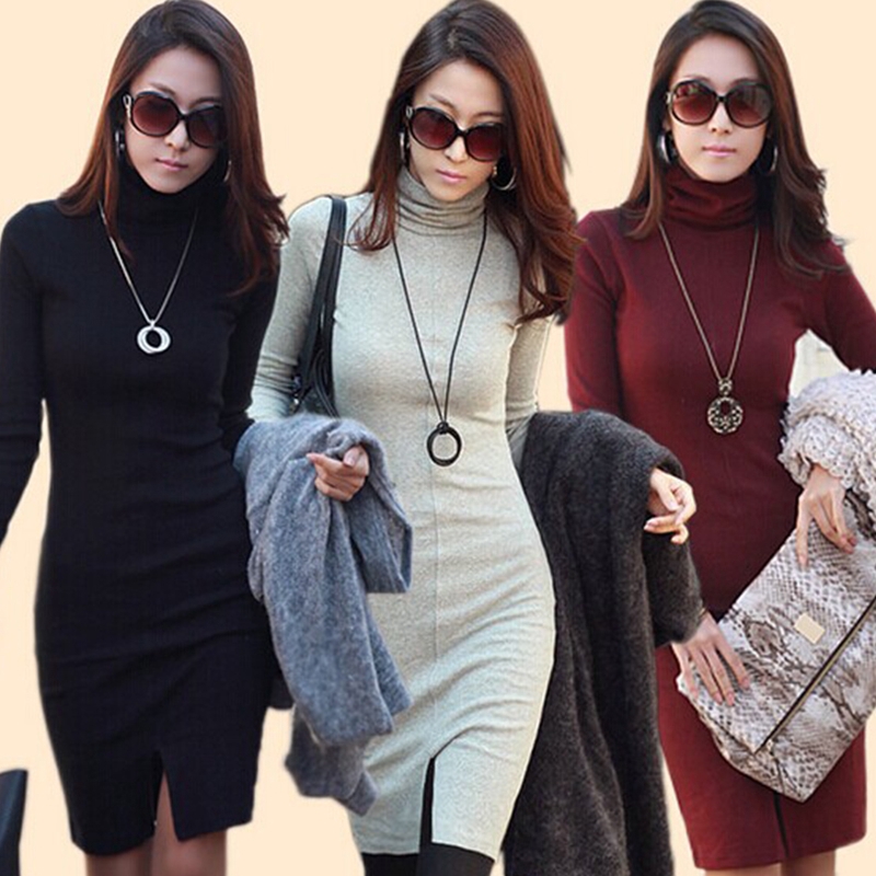 Readystock S 2xl Korean Fashion Turtleneck Knitted Pencil Dress Women Casual Long Sleeve Short Mini Dresses Shopee Philippines
