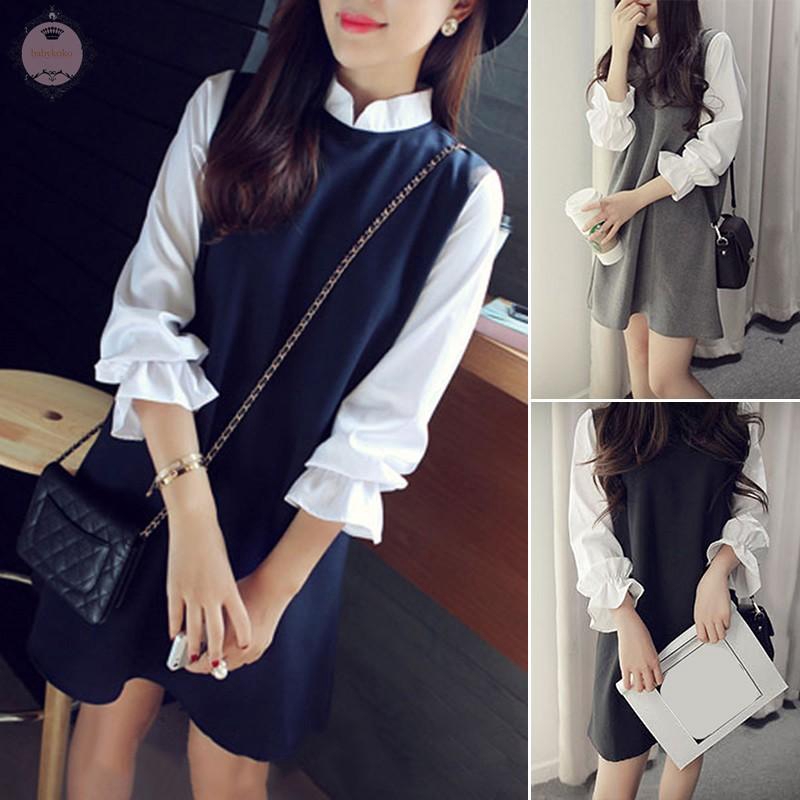 Fashion Korean Womens Long Sleeve Evening Party Casual Loose A Line ...