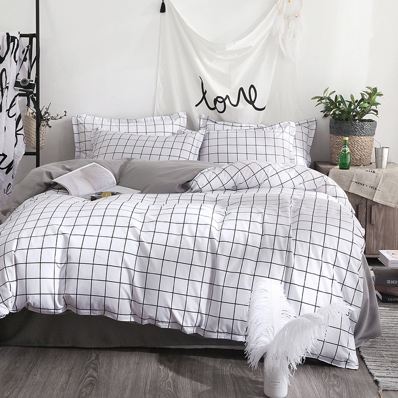 White Gray Plaid Bed Sheet Duvet Cover, Japanese Design Duvet Cover