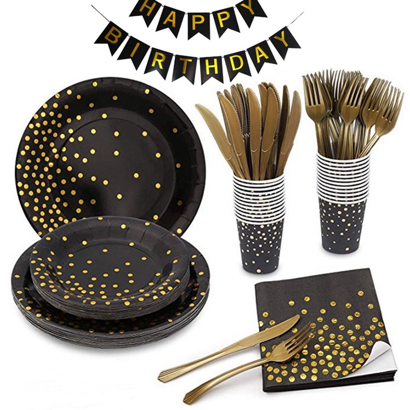 Black Gold Polka Dot Party Decorative Tableware Set Paper Plates Disposable Includes Cup Spoon Birthday Party Suppliers