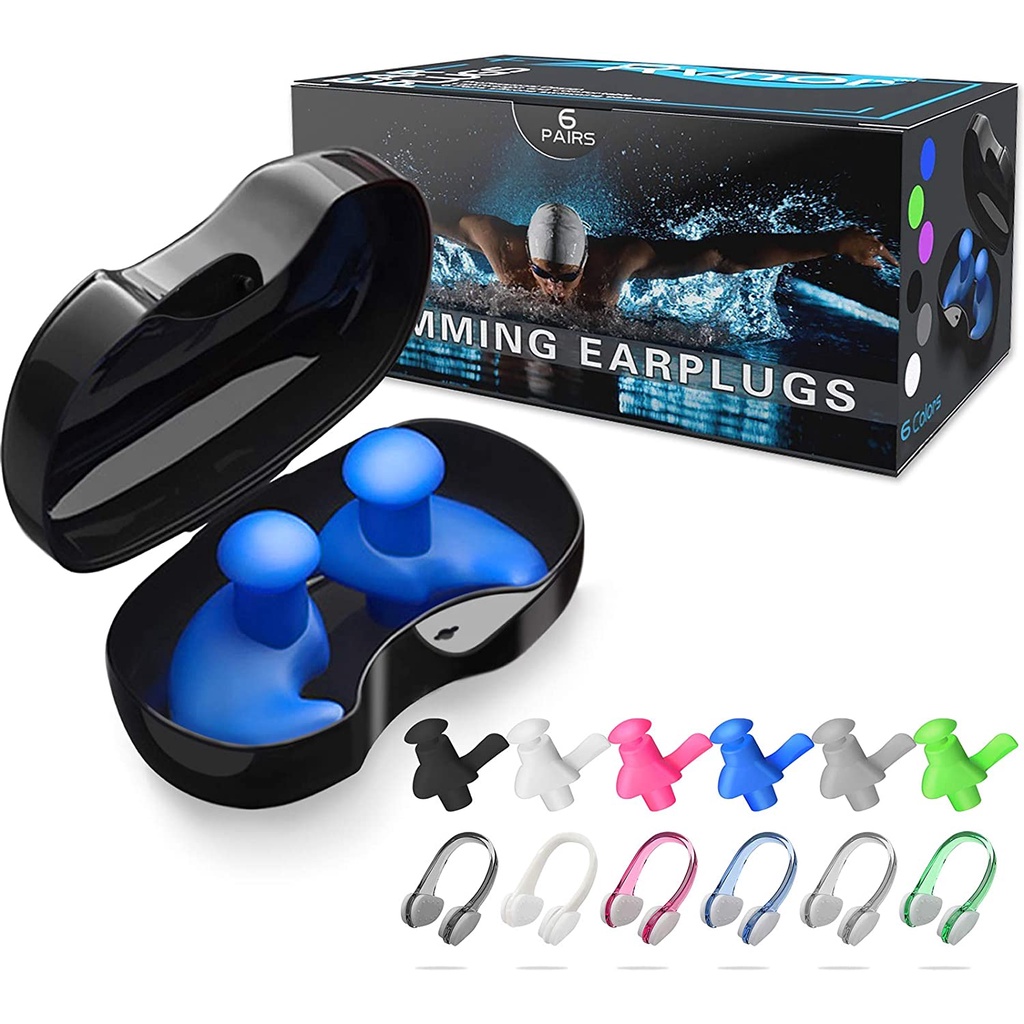 FEPITO 1 Pair Waterproof Swimming Earplugs Nasal Plug Set Silicone Adult Kids Earplugs Swimming