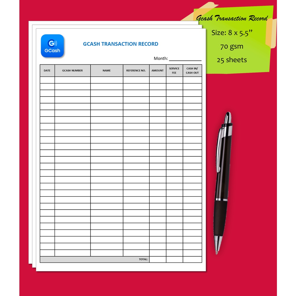 8x5.5 Gcash Transaction Record Transaction Tracker Cash in Cash out