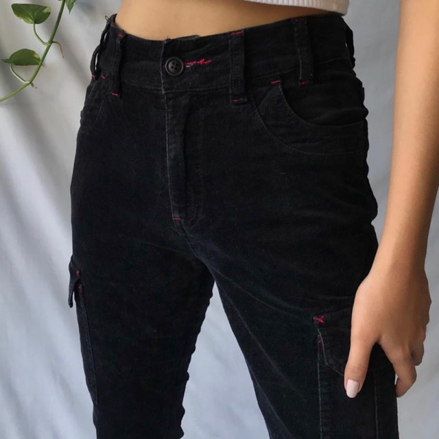 Women Black Corduroy Straight fit Cargo Pants