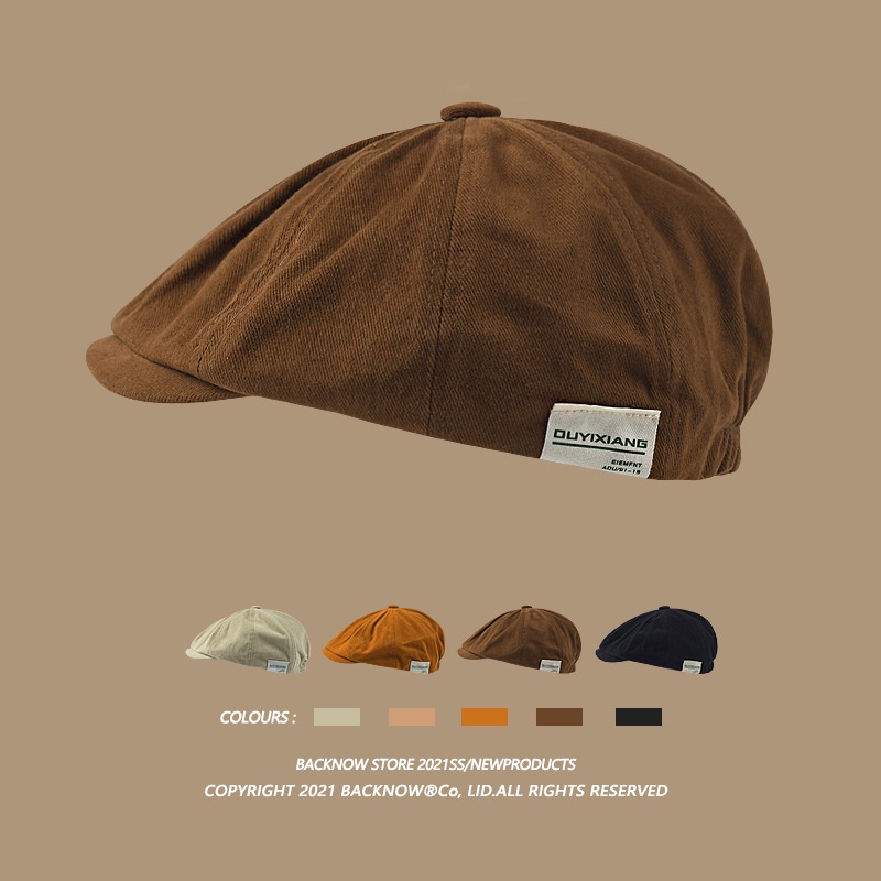 BACKNOW Caramel Color Forward Hat Retro Japanese Beret Men Women Short