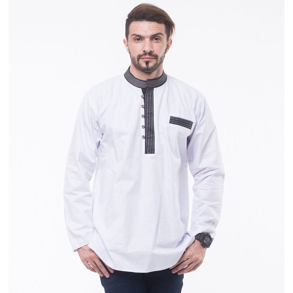 PRIA PUTIH Latahzan White Koko Shirt Men Buttoned Long Sleeve Cotton Material Premium Prayer Clothing Eid