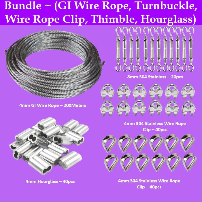Bundle ( 4mm GI Wire Rope, 8mmTurnbuckle, 4mm Wire Rope Clip, 4mm