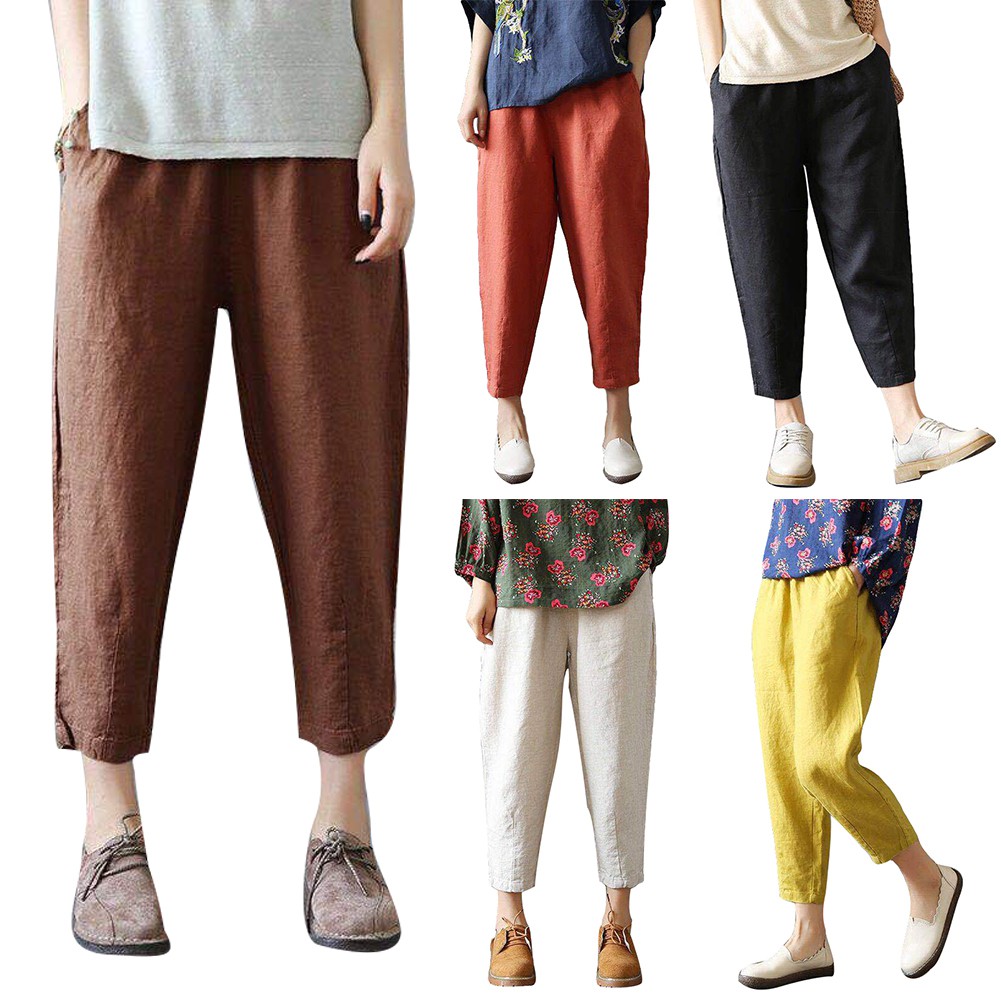 ♥YAR♥Plus Size Solid Color Casual Lady Elastic Waist Ninth Pants Loose ...