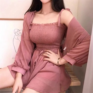 Spot goods Summer chiffon 3 piece sets for women 2021 chic outfit Spaghetti Strap Crop Tops + Long Sleeve Shirts+ Wide Leg Shorts Tracksuit