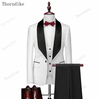 Men's wedding suit white jacquard with black satin collar tuxedo 3 piece groom (jacket + vest + pants)