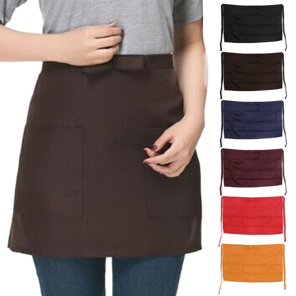 1 pc Plain Black Half Size Waist Waiter Waitress Apron for Bar cafe 2 Pockets