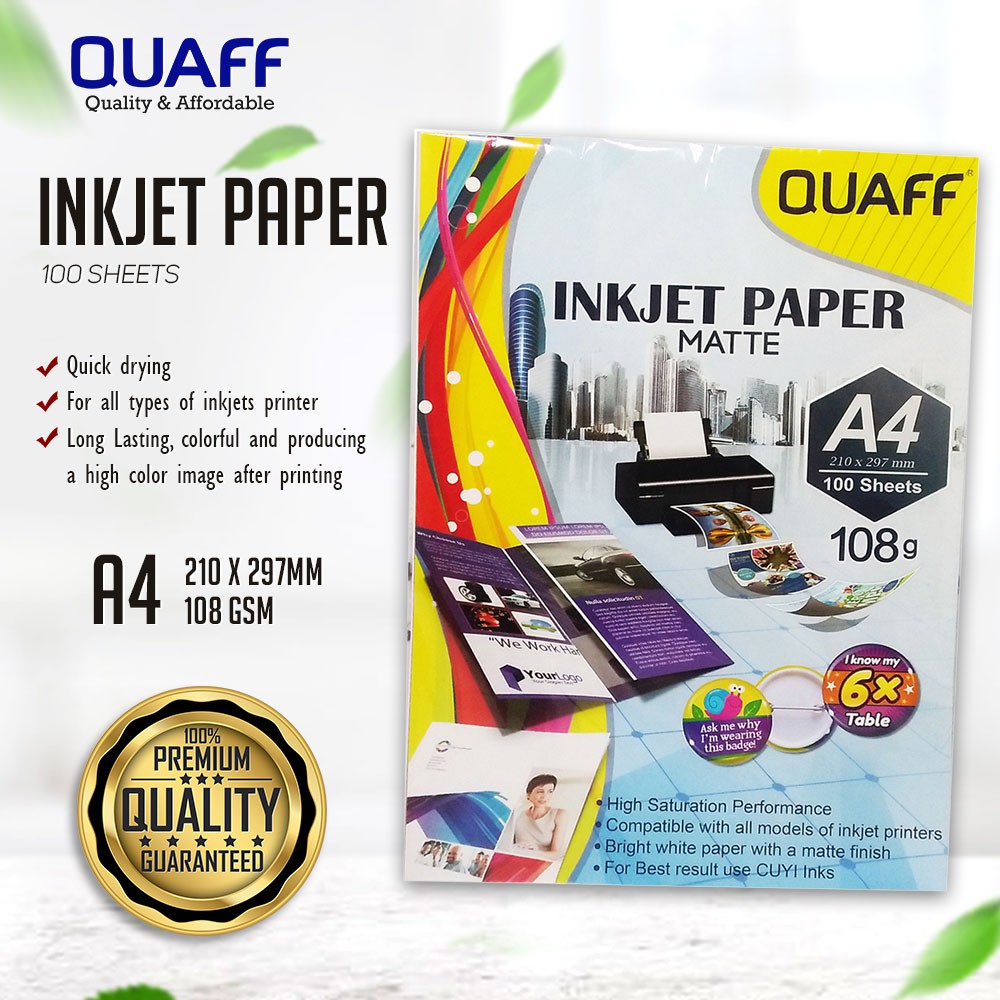 Quaff Inkjet Paper 108Gsm A4 Matte for Flyers & Photo Insert Button