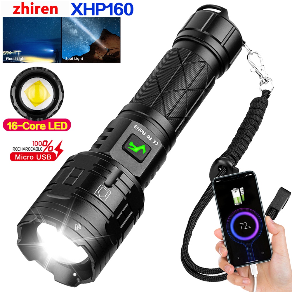 Rechargeable Super Bright XHP160 16-Core LED Spotlight Flashlight USB Zoom Torch 