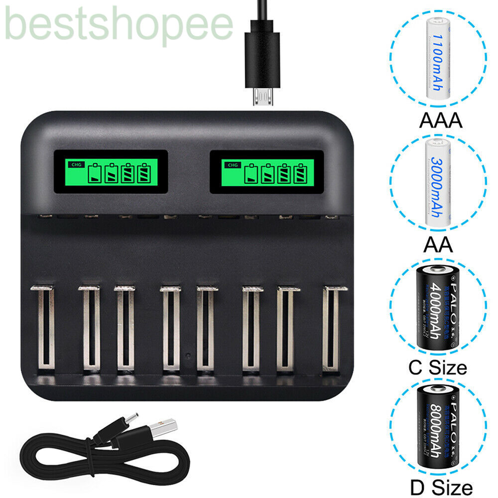 8Slot Battery Charger USB Powered AA/AAA/C/D Rechargeable Battery