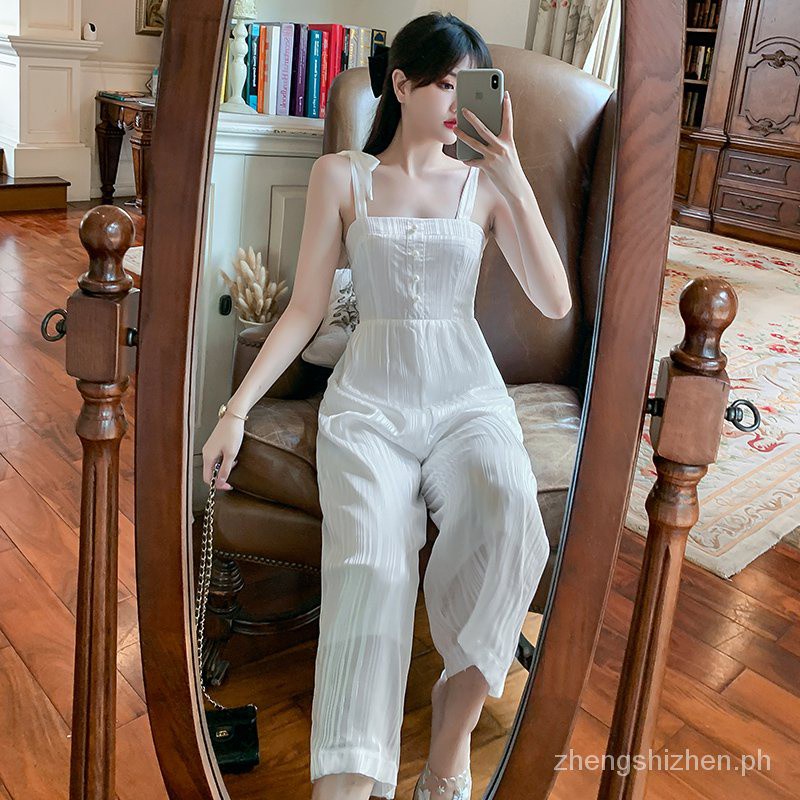 Wide Leg Pants Female Summer2021new High Waist Bow Sling Loose Trousers White Chiffon Jumpsuit Beach Pants Shopee Philippines