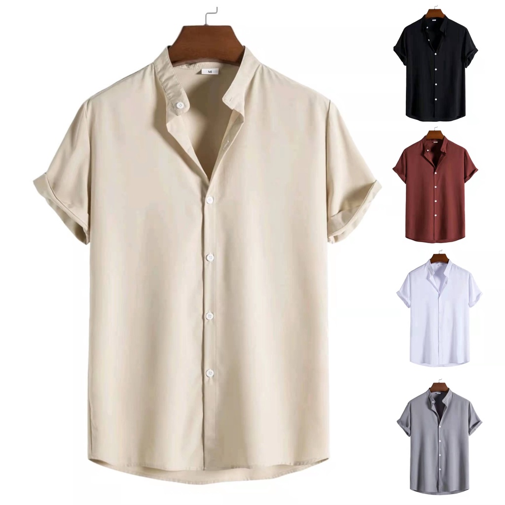 Chinese Collar Polo for Men Long/Short Sleeves Full Buttons Cotton Korean Shirt 5 Color Size M to XL #10