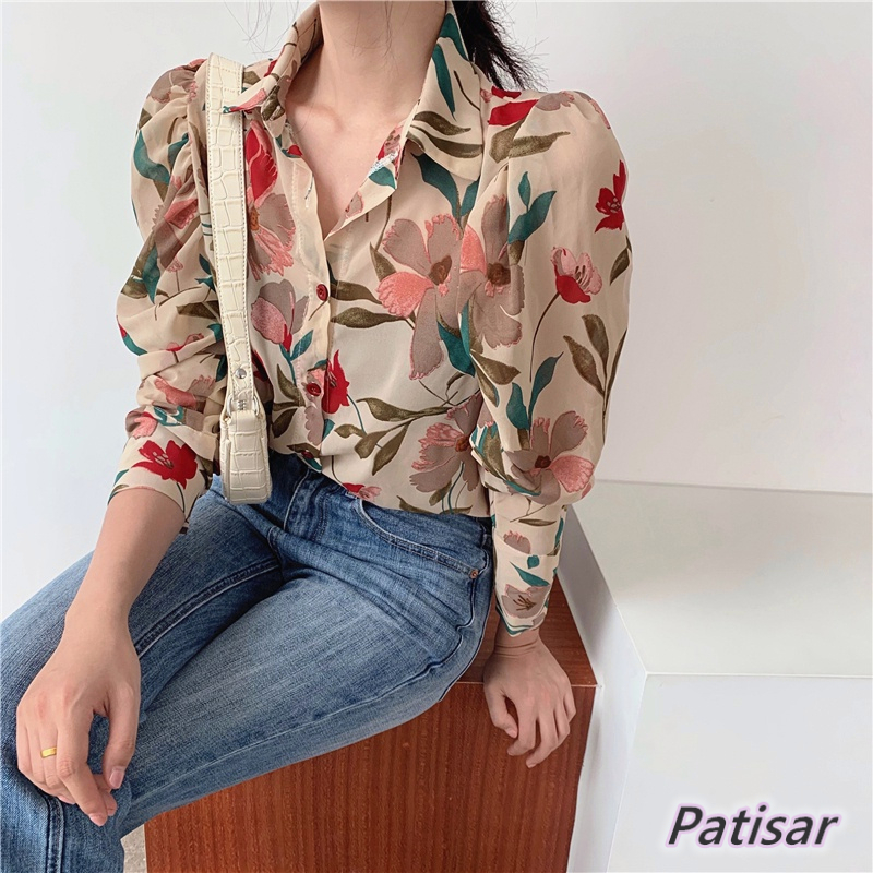 Floral Chiffon Shirt Women Thin Slim Long Sleeve Shirt | Shopee Philippines