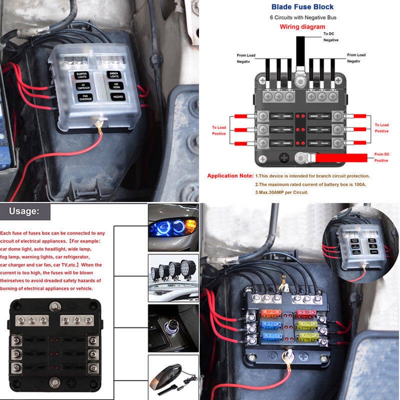 Willkey 6 Way Blade Fuse Box & Bus Bar Car Kit With Cover Marine
