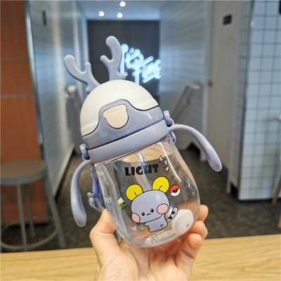 [New Arrival] 370ML Cartoon Antlers Children's Straw Cup Baby Bite Gravity Ball to Learn Drinking Cu
