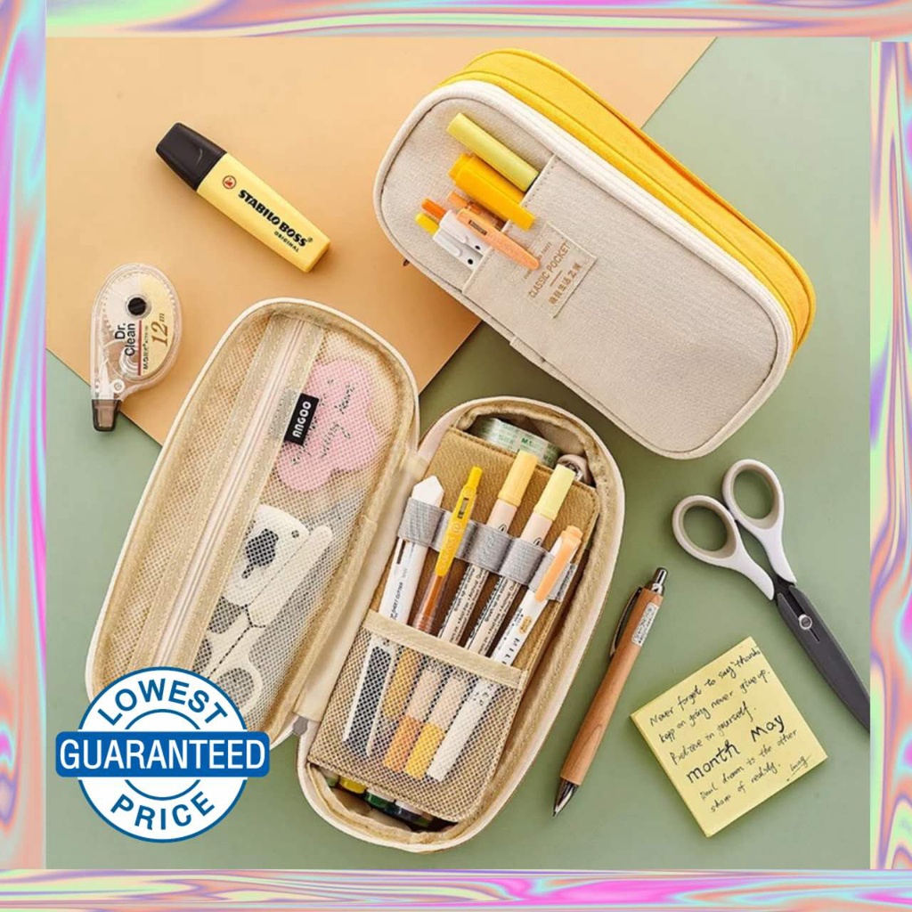 thumbnail image 2 of Hillento Large Capacity Canvas Pencil Case - Simple Zipper Stationery Holder In Yellow 2 of 12