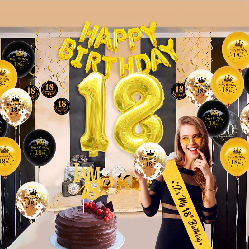 18 Birthday Party Decorations Black Gold Adult Happy Birthday Balloons Banner Birthday Table 2783