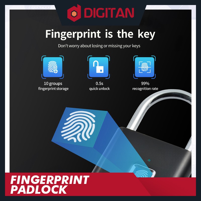 Digitan Fingerprint Padlock Black IP65 Waterproof Security Rechargeable Stainless Steel