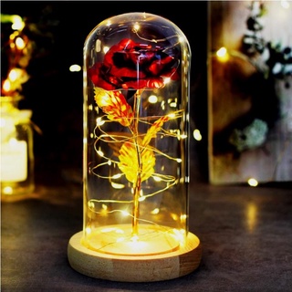 Eternal Rose with Led Light in Glass Dome On Wooden,gifts for Valentine’s Day,Anniversary, Wedding