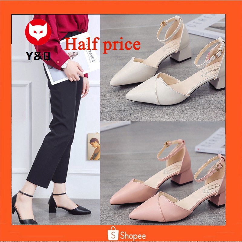 black block heel pointed shoes