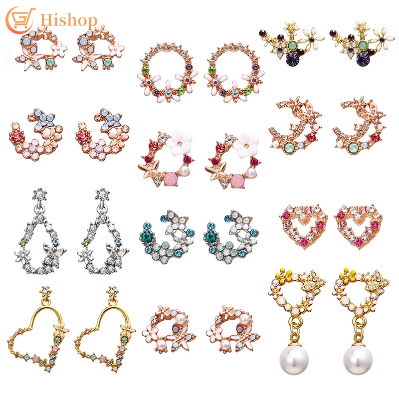 Spring Pearl Crystal Stud Earring Flower White Heart Several Shape