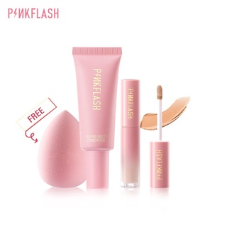 PINKFLASH 3PCS Oil Control Face Makeup Set Matte Foundation Full Coverage Concealer Soft Makeup Sponge Long-lasting