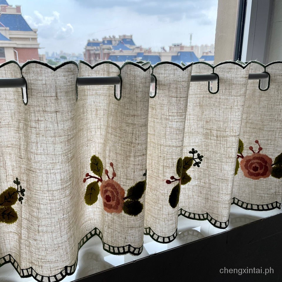 【COD】Door Curtain Hanging Door Curtain Partition Curtain Finished Cotton and Linen Half Curtain Short Curtain Embroidery Coffee Curtain Kitchen Small Curtain Yarn Cabinet Curtain Partition Curtain Punch-Free Cabinet Embroidery Curtain Window Short val