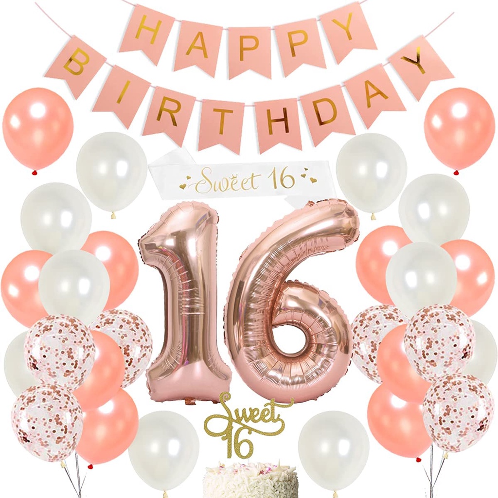 JOYMEMO 16th Birthday Decorations for Girls Sweet 16 Cake Topper and Satin Sash, Rose Gold Number 16 Balloons, Confetti Balloons and Happy Birthday Banner for Sixteen Party Supplies