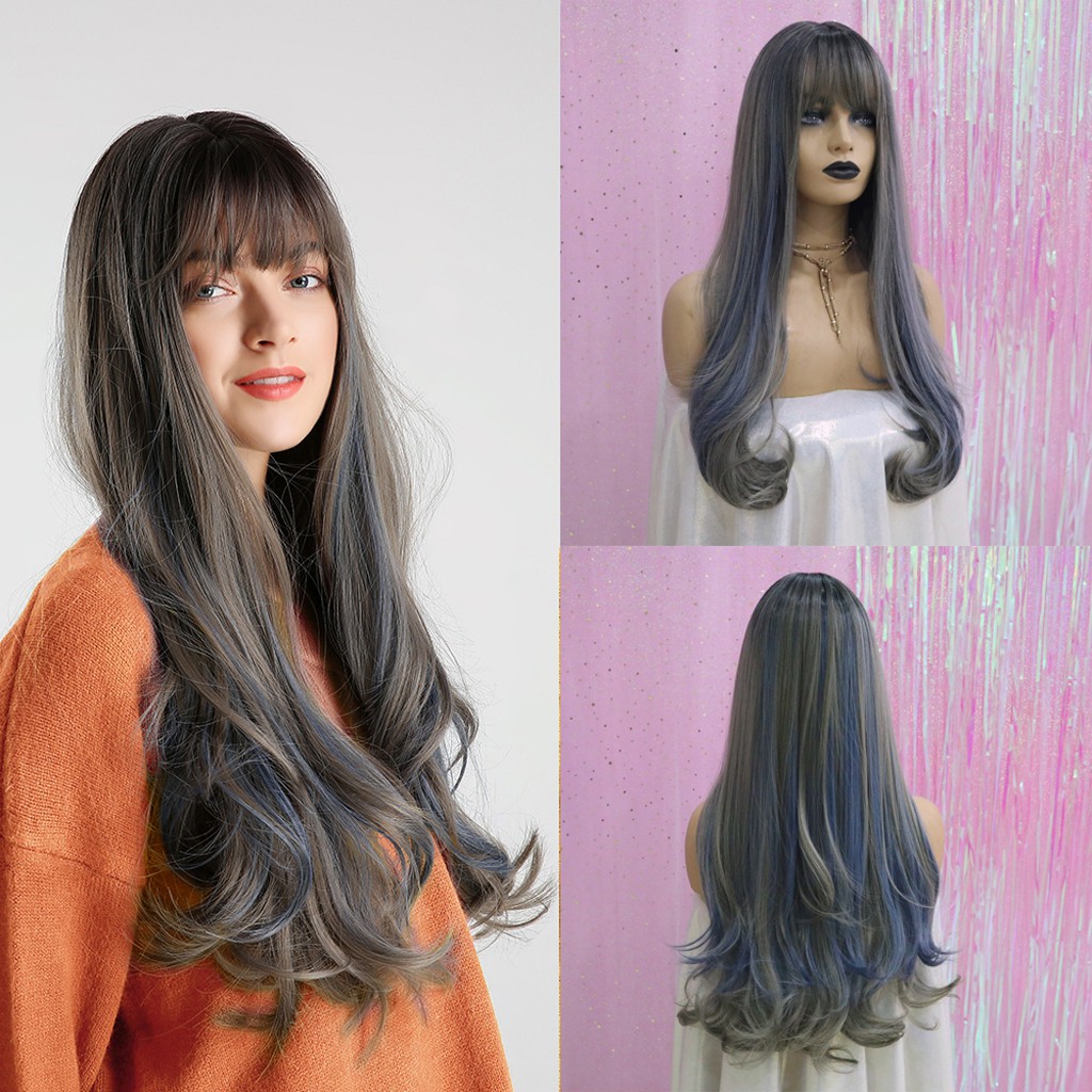 Women Gradient Black Wig Long Curly Hair Synthetic Wig Fashion