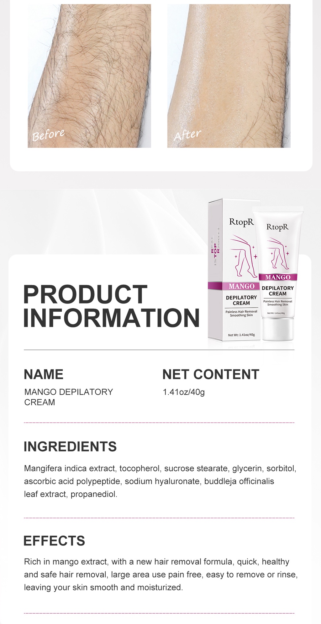 RtopR Mango Depilatory Cream Body Painless Effective Hair Removal Cream for Men and Women 40g