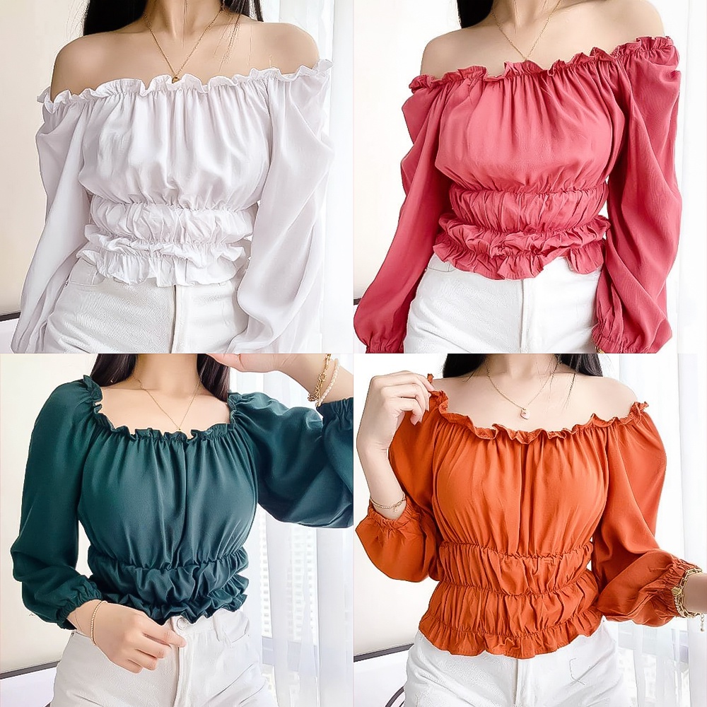 DENISE Off Shoulder Two Way Long Sleeve Puff Garterized Blouse Top ...