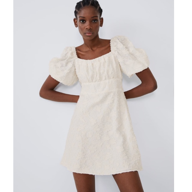 White Embroidered Puff Sleeves Dress ...